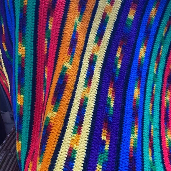 Handmade Vintage Hand-Crocheted Large Rainbow Stripe Throw Blanket 63” x 44” - Picture 4 of 8